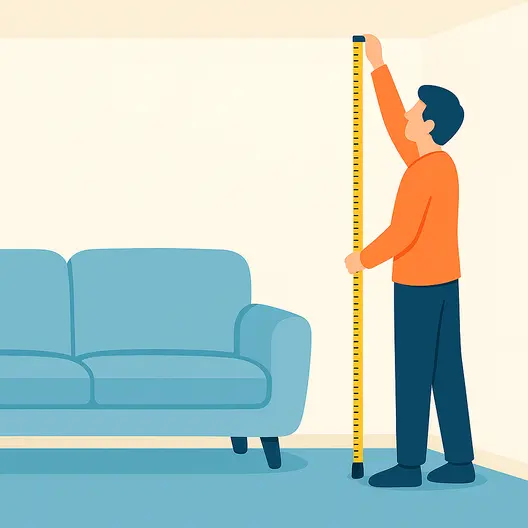 Person measuring wall height from floor to ceiling next to a sofa