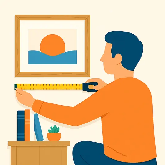 Person measuring the width of a framed artwork with a tape measure