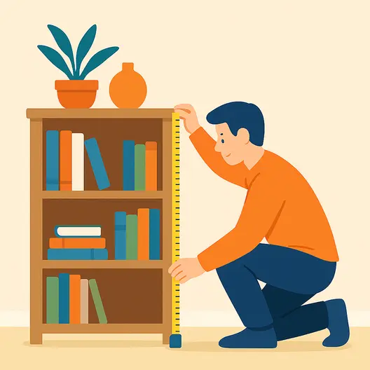 Illustration of a person crouching and measuring the height of a bookshelf with books and ornaments