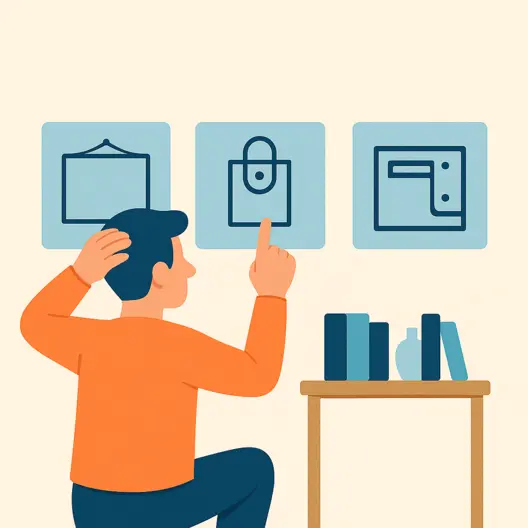 Illustration of a person scratching his head while choosing between Wire, Hook and Bracket mounting options