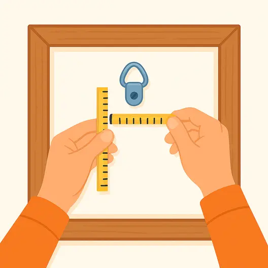Illustration of hands measuring a D-ring hook on the back of a picture frame with two rulers
